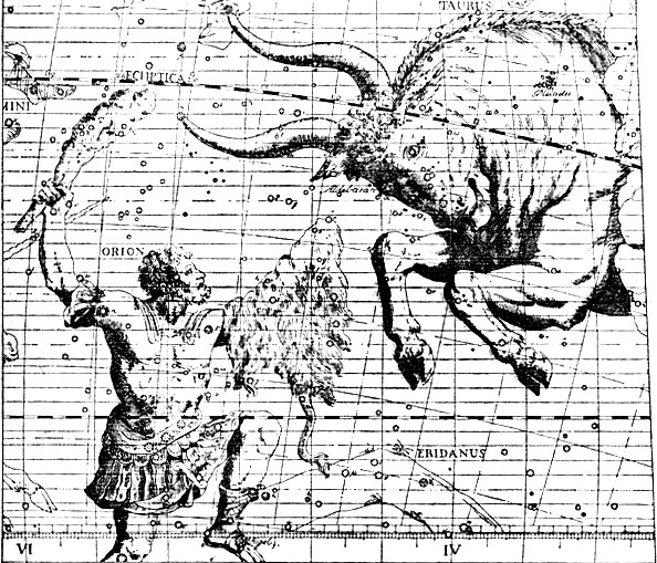 Рис. 2. Фигуры созвездий Ориона и Тельца в старинном звездном атласе