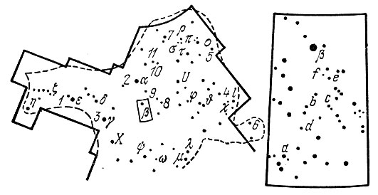 Рис. 4. Карта звездного неба с границами созвездия Большой Медведицы (пунктир - старые границы, сплошная линия - современные). Справа в крупном масштабе показана со слабыми звездами область, отмеченная слева прямоугольником