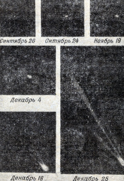 Рис. 76. Последовательное изменение вида одной из комет 1940 г. по мере приближения ее к Солнцу