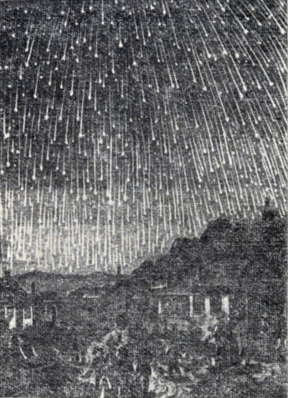 Рис. 86. Дождь падающих звезд (Деонид), наблюдавший в ноябре 1866 г. (по рисунку очевидца)