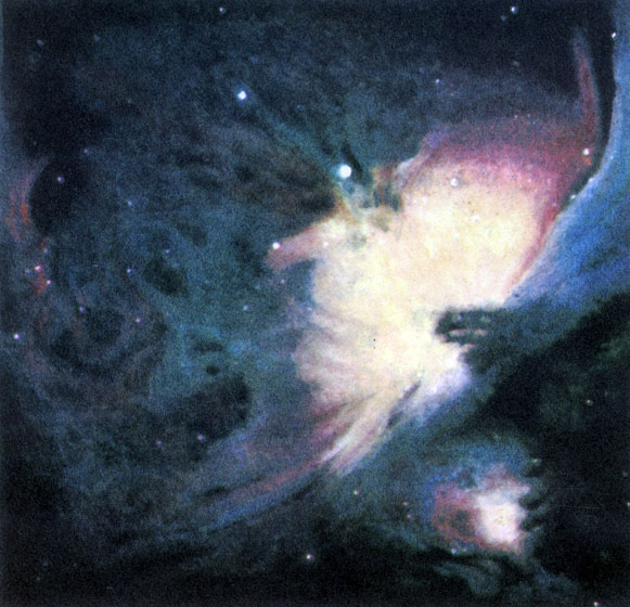 Цветная фотография Большой туманности Ориона, полученная Миллером на 5-метровом телескопе Паломарской обсерватории (США)