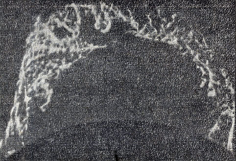 Рис. 126. Еще одна фотография протуберанца. Сложные движения вещества протуберанца свидетельствуют о наличии на Солнце электромагнитных сил