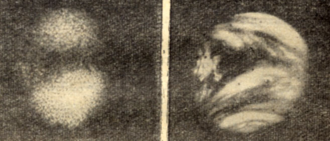 Рис. 49. Фотографии Венеры в ультрафиолетовых лучах: слева - наземная, с низким разрешением, справа - с близкого расстояния со станции 'Маринер-10' с высоким разрешением